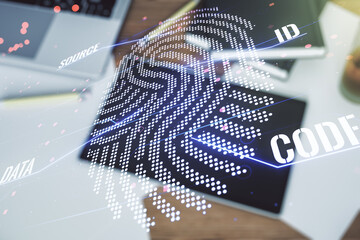 Poster - Abstract creative fingerprint illustration and modern digital tablet on desktop on background, top view, personal biometric data concept. Multiexposure