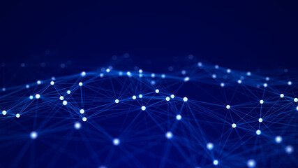 Abstract wave with moving dots and lines. Flow of particles. Cyber technology illustration. 3d rendering