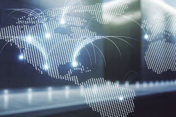 Poster - Double exposure of abstract digital world map hologram with connections on modern business center exterior background, research and strategy concept