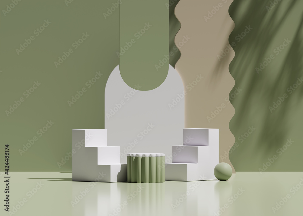 3D podium display, pastel green background.Steps and geometric shapes ...