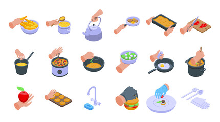 Wall Mural - Hands preparing foods icons set. Isometric set of hands preparing foods vector icons for web design isolated on white background