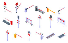 Railroad Barrier Icons Set. Isometric Set Of Railroad Barrier Vector Icons For Web Design Isolated On White Background