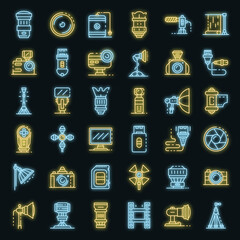 Poster - Photographer equipment icons set. Outline set of photographer equipment vector icons neon color on black