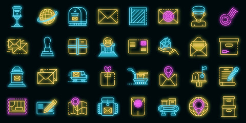 Poster - Postman icons set. Outline set of postman vector icons neon color on black