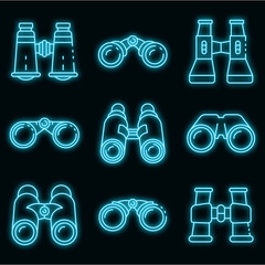 Poster - Binoculars icons set. Outline set of binoculars vector icons neon color on black