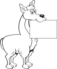 Wall Mural - Black and white illustration of a happy llama holding a sign in it's mouth.