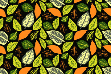 vector floral seamless pattern with colorful leaves. green, orange color leaves isolated on a dark b