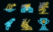 Triathlon icons set. Outline set of triathlon vector icons neon color on black