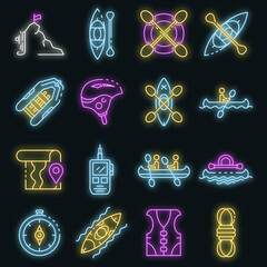 Poster - Canoeing icons set. Outline set of canoeing vector icons neon color on black