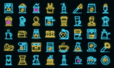 Poster - Barista icons set. Outline set of barista vector icons neon color on black
