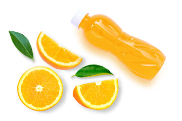 Poster - Orange fruit with green leaf and plastic bottle of orange juice 