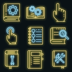 Poster - User guide icons set. Outline set of user guide vector icons neon color on black