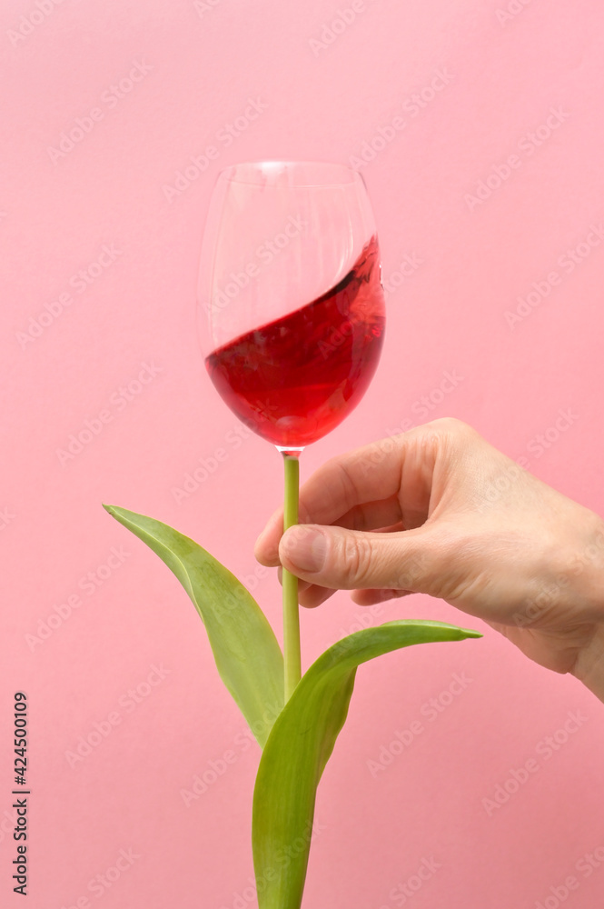 Conceptual Red Wine In Glass Like Beautiful Tulip - obrazy, fototapety, plakaty 