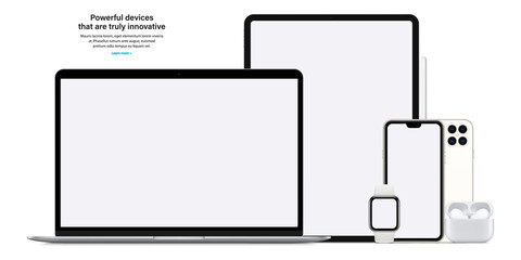 Poster - smartphone, tablet, laptop, smartwatch, headphones and stylus with blank screen saver isolated on white background. realistic and detailed gadgets and devices mockup. stock vector illustration