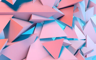 Poster - Abstract background with 3D shapes flying in pink and blue light as a messy array or chaotic structure for any pastel backdrop. 3D illustration.