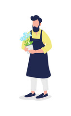 Poster - Male florist in apron with flower flat color vector faceless character. Gardener with potted plant. Small business owner. Flower shop isolated cartoon illustration for web graphic design and animation