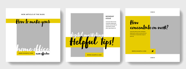 Wall Mural - blogger social media layouts with black and yellow accent, helpful tips and how to idea for writers and PR articles