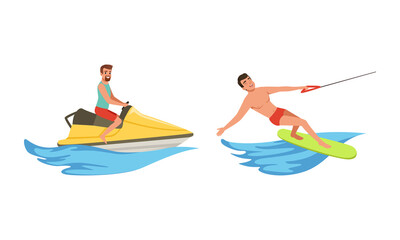 Poster - Water Sports Set, Man Water Skiing, Riding Wakeboard and Jet Ski Cartoon Vector Illustration