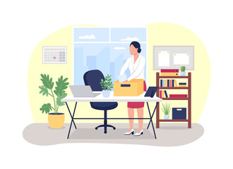 Poster - Job dismissal 2D vector web banner, poster. Woman collect stationery from work desk. Laid off employee flat character on cartoon background. Unemployment printable patch, colorful web element