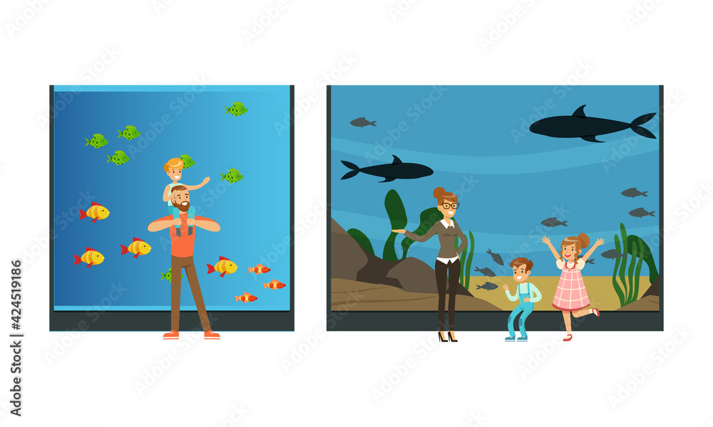 People Visiting Oceanarium, Visitors Watching Sea Animals at Excursion Vector Illustration - obrazy, fototapety, plakaty 
