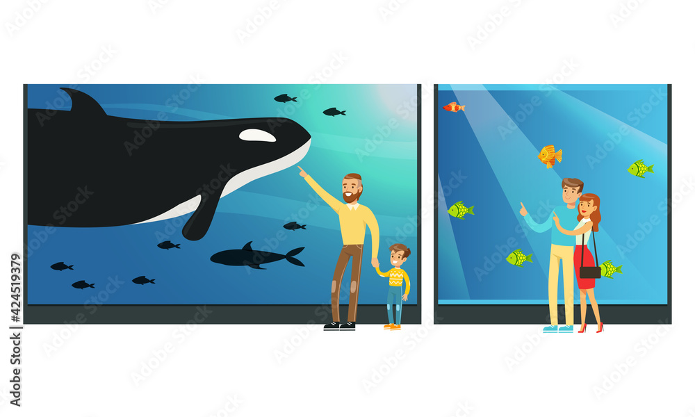 People in Oceanarium, Visitors Watching Underwater Scenery with Sea Animals at Excursion Vector Illustration - obrazy, fototapety, plakaty 