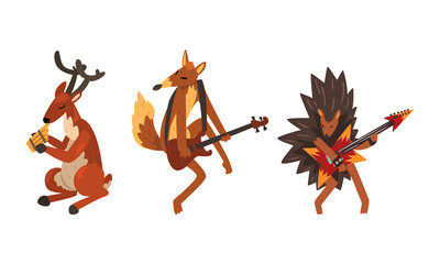 Wall Mural - Wild Animals Playing Musical Instruments Set, Hedgehog, Deer, Fox Playing Electric Guitar, Harmonica Cartoon Vector Illustration