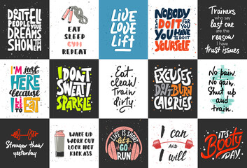 Set of 15 motivational and inspirational lettering posters, decoration, prints, t-shirt design for sport, gym or fitness.