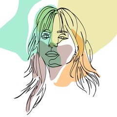 One-line abstract woman portrait. Colorful face drawing. Continuous lineart. Pastel colors abstract art. 