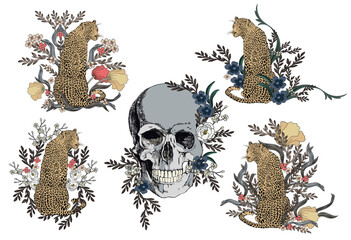 Wall Mural - Vector drawing graphics, skull, leopard and flowers.
