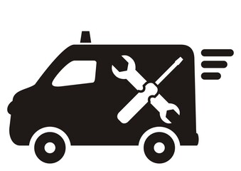 Wall Mural - Service car, black silhouette of van with white tool, vector icon