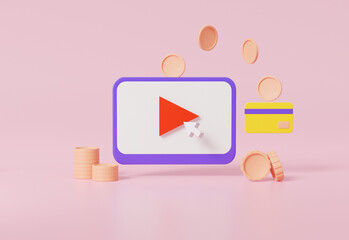 Poster - video marketing PPC or Pay Per Click concept click on a computer advertising Make money on pastel background illustration, 3d rendering