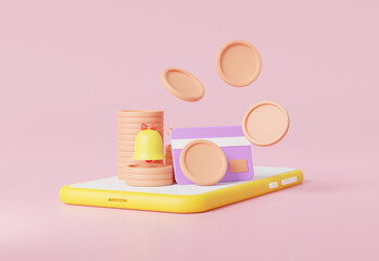 Poster - Notification bell Floating money concept into credit card in apppication on smartphone, pastel background illustration minimal style, 3d rendering ,bander, advertising