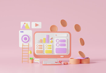 Poster - Search engine marketing PPC or Pay Per Click concept click on a computer advertising Make money on pastel background illustration, 3d rendering