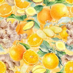 Wall Mural - Watercolor seamless pattern orange fruit ginger on a color background.