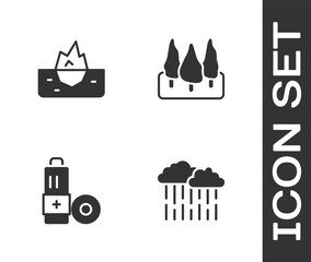 Sticker - Set Cloud with rain, Iceberg, Battery and Forest icon. Vector