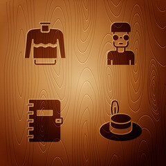 Poster - Set Man hat, Sweater, Spiral notebook and Nerd geek on wooden background. Vector