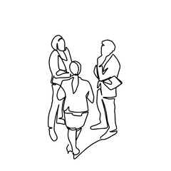 Wall Mural - continuous line drawing of three employees talking about work. Continuous line drawing of group of people standing talking about work. Concept of business talk.