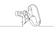 A Girl Taking Photo With Her Camera. One Line Continuous. Vector Illustration. Photographer With A Camera Takes Pictures Outdoors. Continuous Line Drawing Of A Black Outline Of A Journalist.