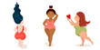 Body-positive. Women in swimsuits on white background. Body health care. Body positive, self-love, self-care.
