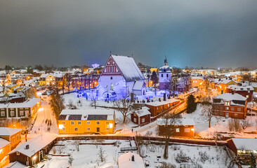 Aerial view of Old Porvoo in the winter evening with Christmas decoration, Finland. Porvoo is one of the most famous, beautiful old Finnish cities.