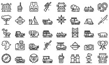 Jeep Safari Icons Set. Outline Set Of Jeep Safari Vector Icons For Web Design Isolated On White Background