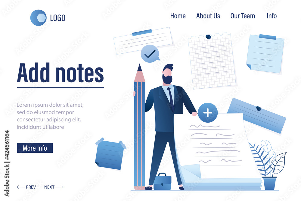 Add notes - landing page template. Successful employee holds pencil and ...