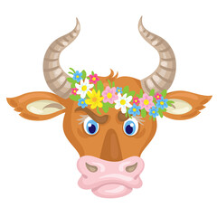 Sticker - Funny cute bull a symbol of the New Year in a flower wreath. In cartoon style. Isolated on white background. Vector flat illustration.