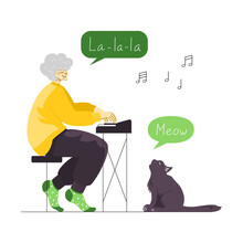 Vector Illustration Of A Senior Female Musician Playing Piano And Singing Enjoying Her Leisure Time. An Old Happy Lady Singer And A Cute Cat Meowing. Active Retirement. Private Lesson. Music Teacher