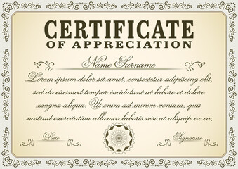 Wall Mural - Certificate graphic with vintage swirl frame. Editable A4 size retro diploma template design to use for wedding cards, invitations and school diploma. 