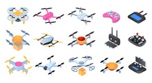 Set Isometric Drone, Vector Illustration. Wireless Device With Propeller, Maneuverable Quadrocopter. Hi-tech Toy With Camera For Shooting