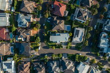 Top Down Aerial View Of An Upmarket Neighbourhood With Houses And Streets, Sydney, Australia
