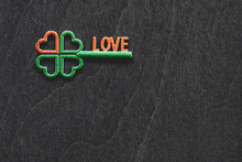 Irish Green Shamrock Shape Key With Orange Heart, Four-leaf Clover Good Luck Charm