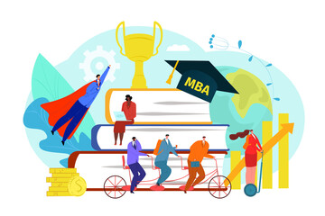 Wall Mural - Mba education in flat business college university, vector illustration. Man woman people character study at school, course for success graduation