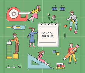 Student characters using huge school supplies. flat design style minimal vector illustration.